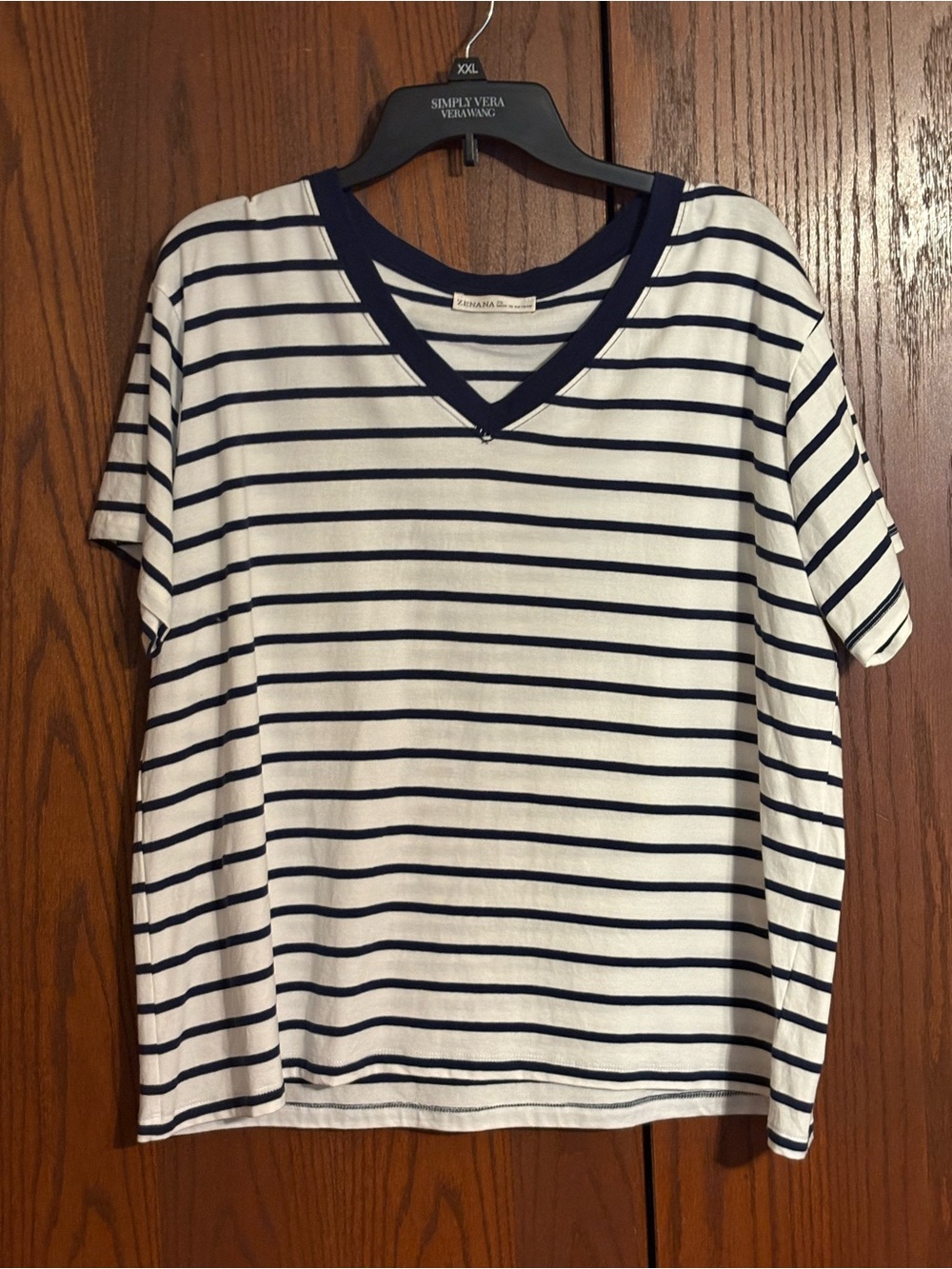 ZENANA Navy and White Striped V-Neck Top 2X